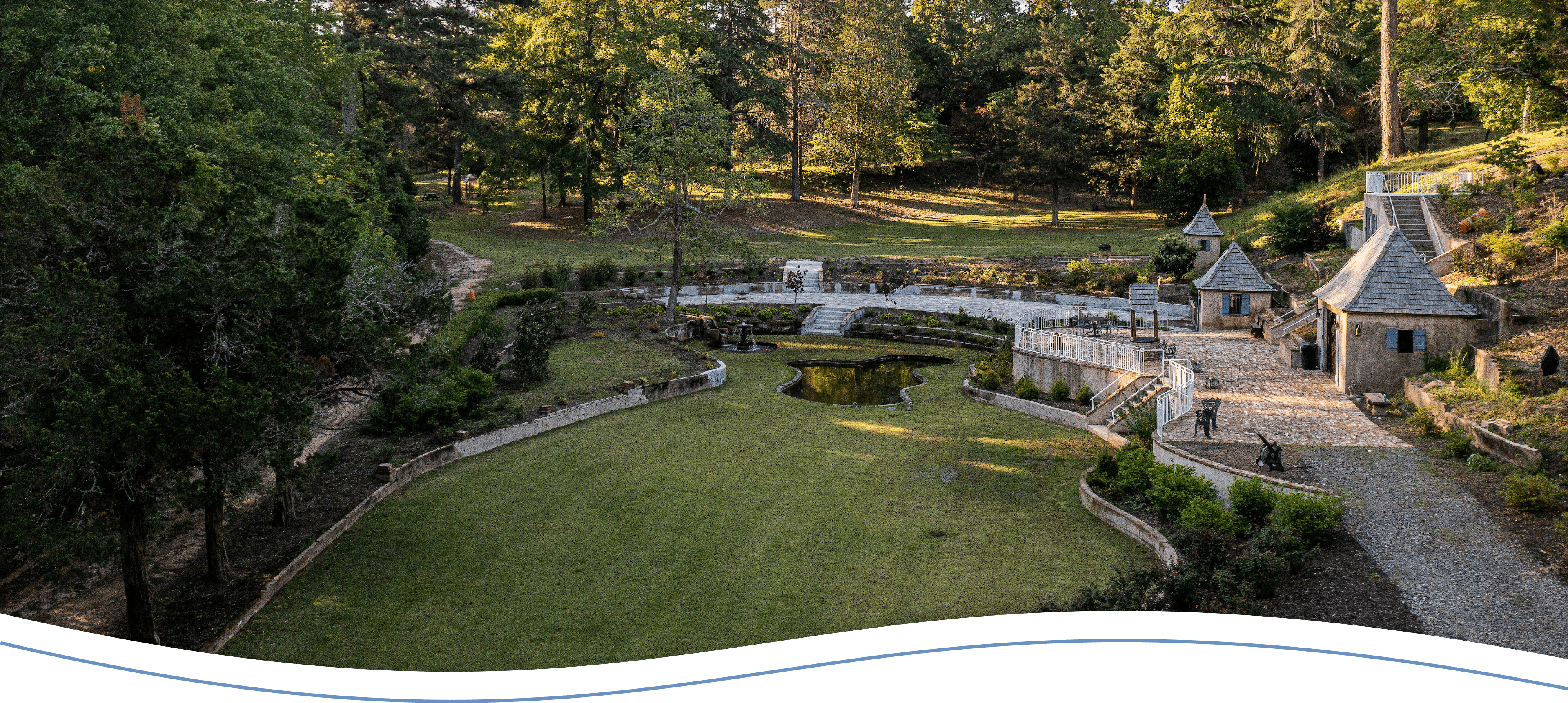 Cottages and a walkway in the countryside