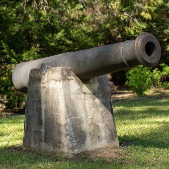 A cannon sitting in the grass near some trees.